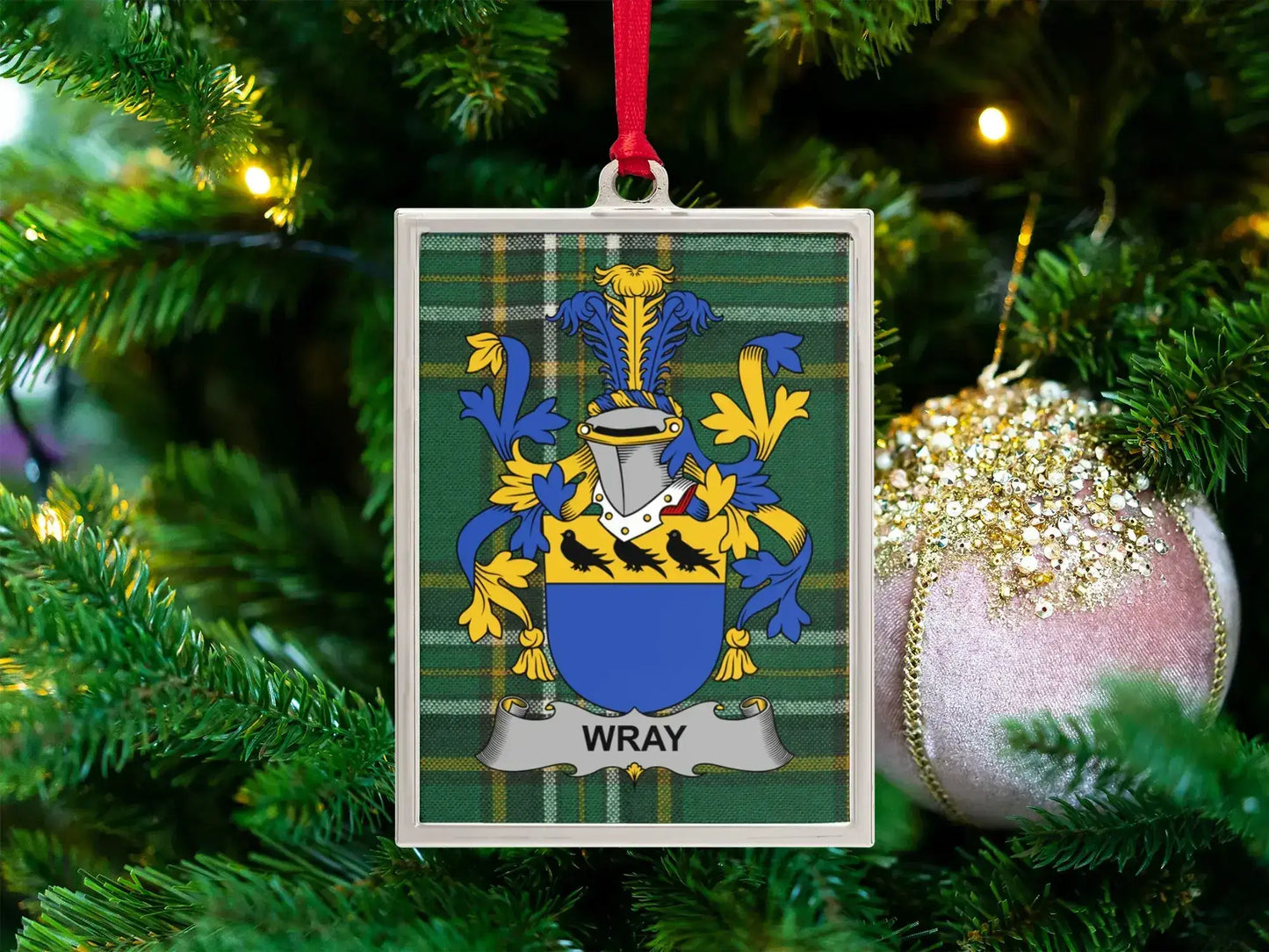 Wray Family Crest Plaid Christmas Tree Ornament product