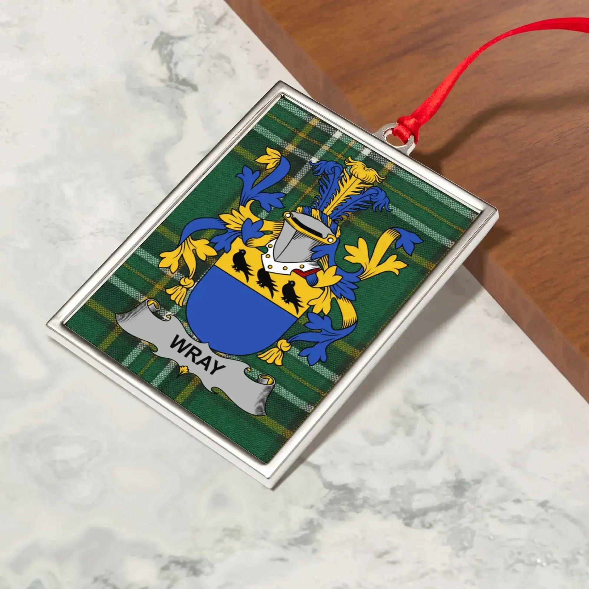Personalized Wray Family Crest Ornament with Tartan product type