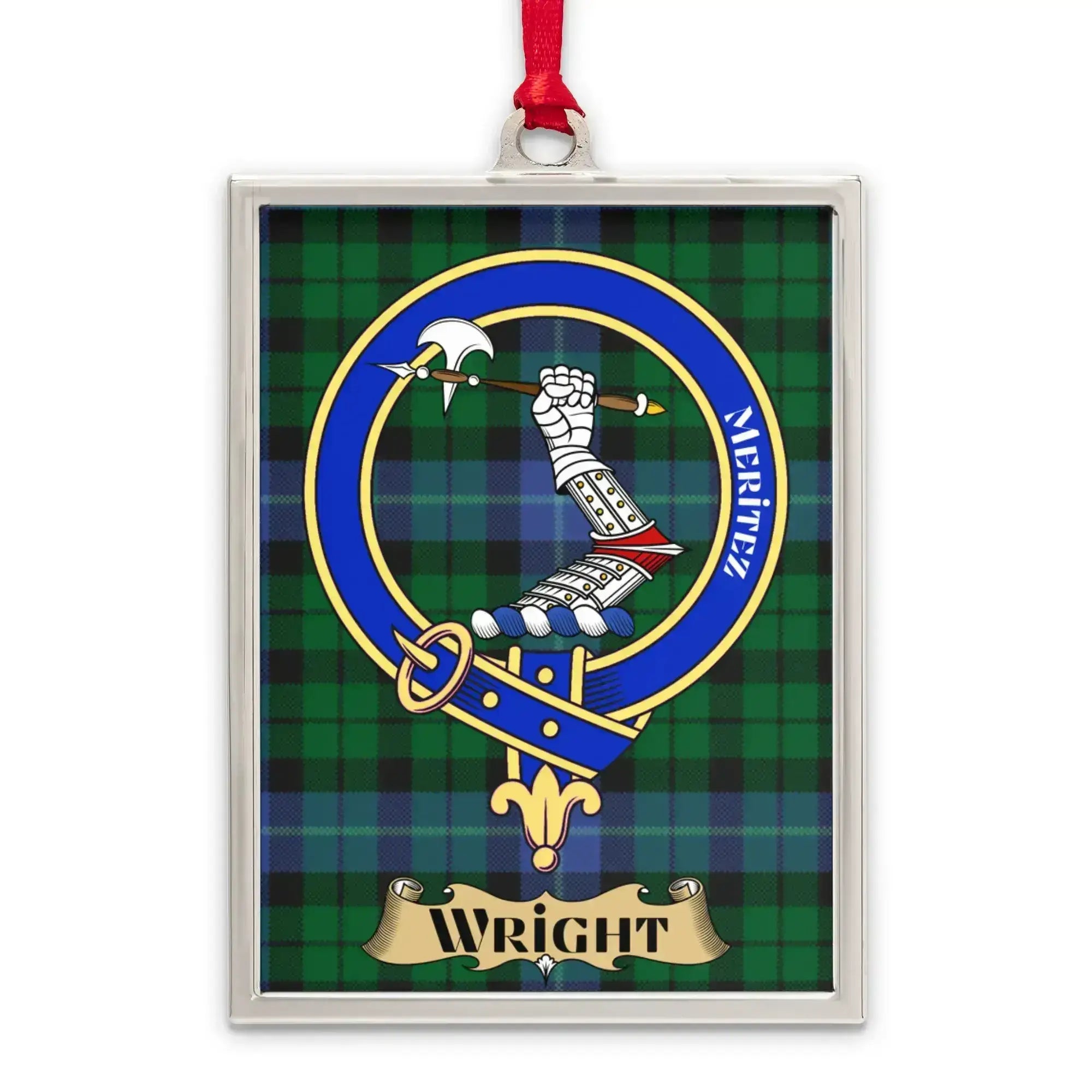 Wright tartan-background crest ornament shown as a Scottish heritage keepsake gift