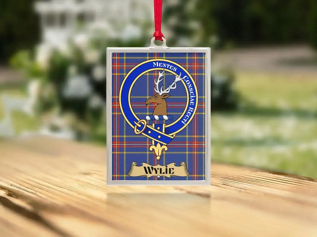 Close-up of the Wylie family crest on a polished silver-frame metal ornament