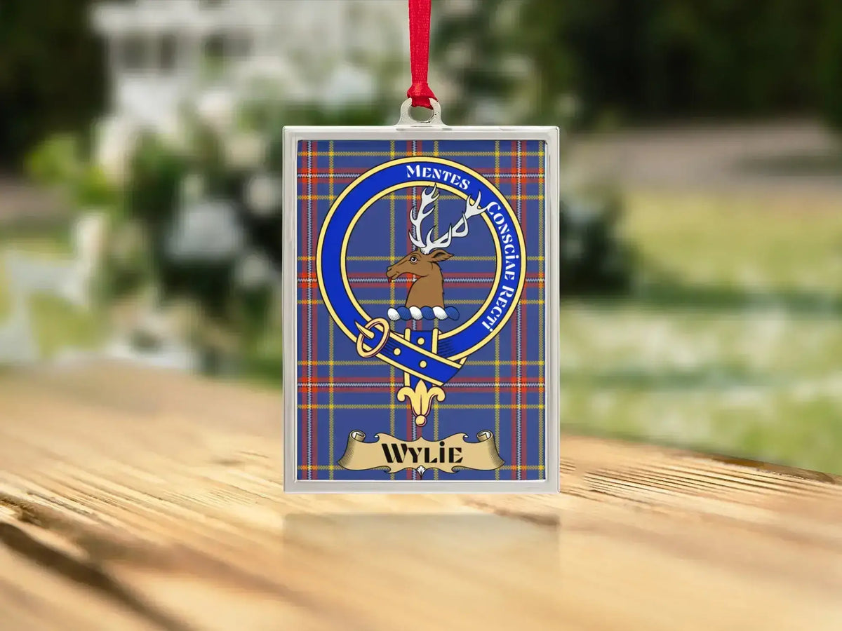 Close-up of the Wylie family crest on a polished silver-frame metal ornament