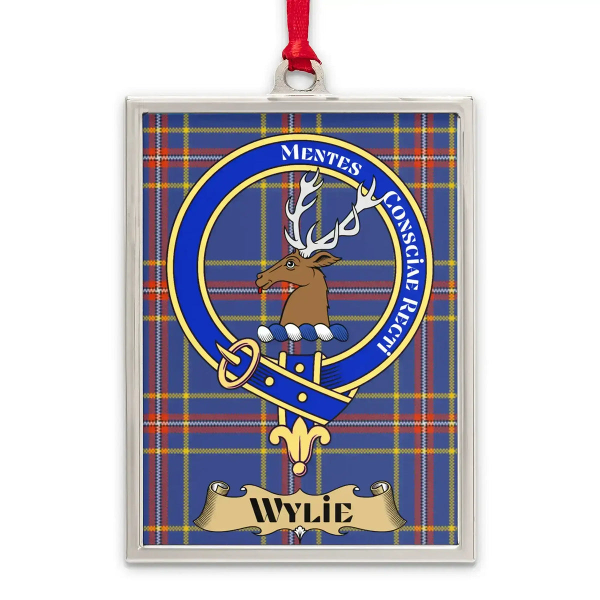 Wylie tartan-background crest ornament shown as a Scottish heritage keepsake gift