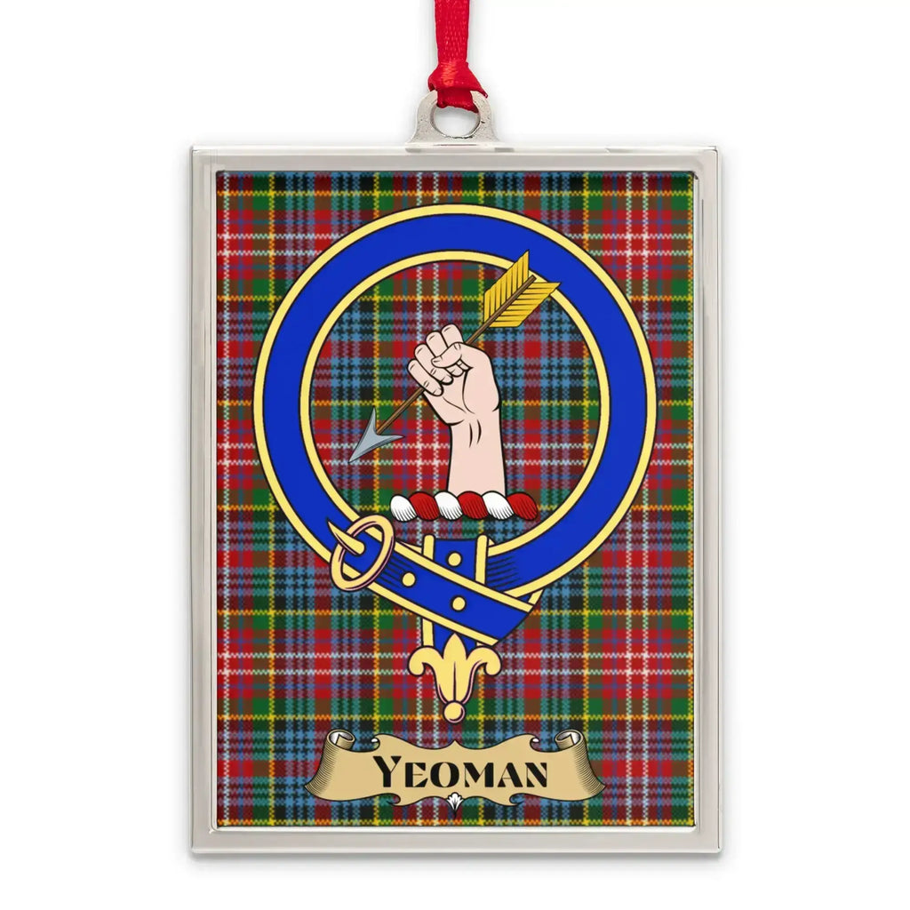 Yeoman tartan-background crest ornament shown as a Scottish heritage keepsake gift