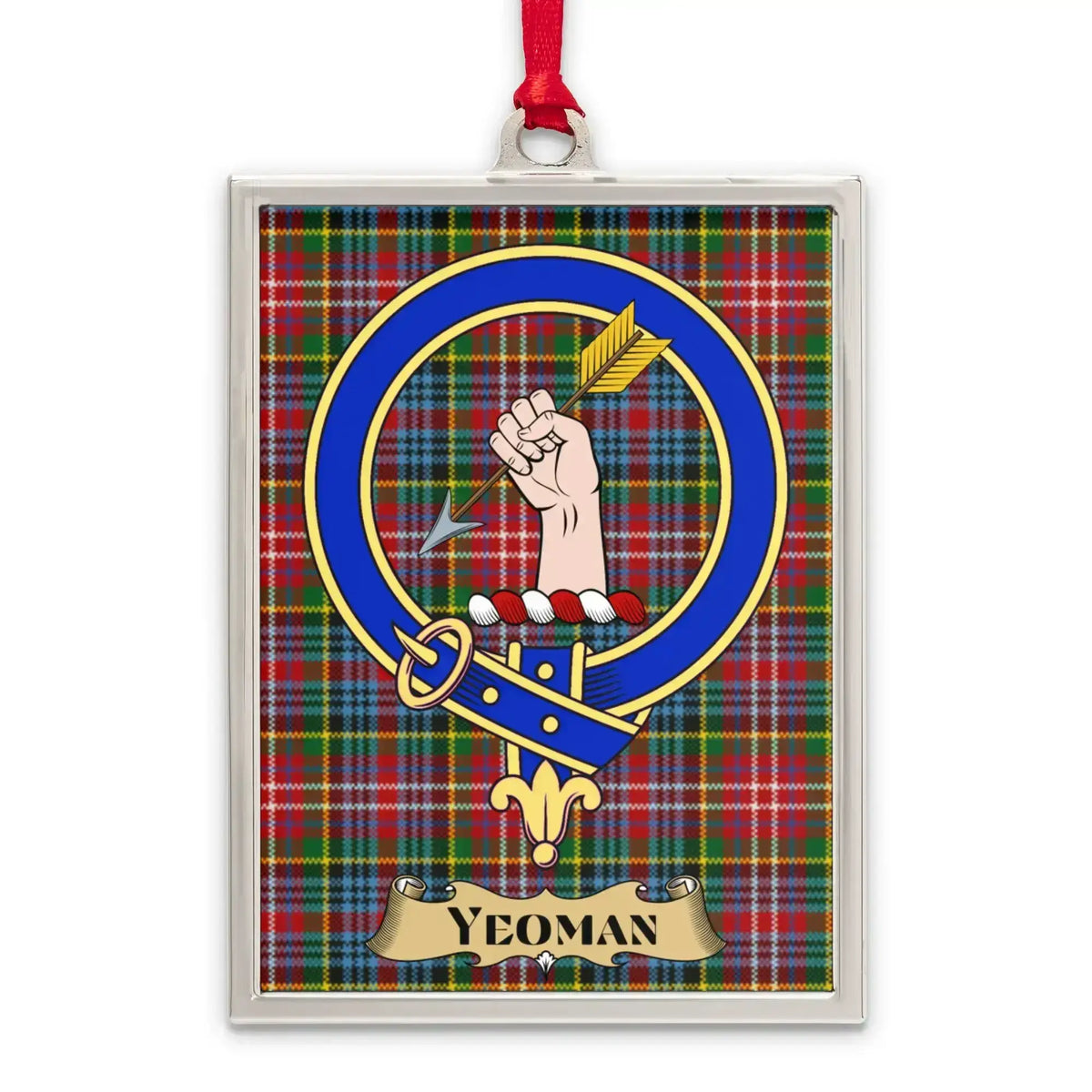 Yeoman tartan-background crest ornament shown as a Scottish heritage keepsake gift
