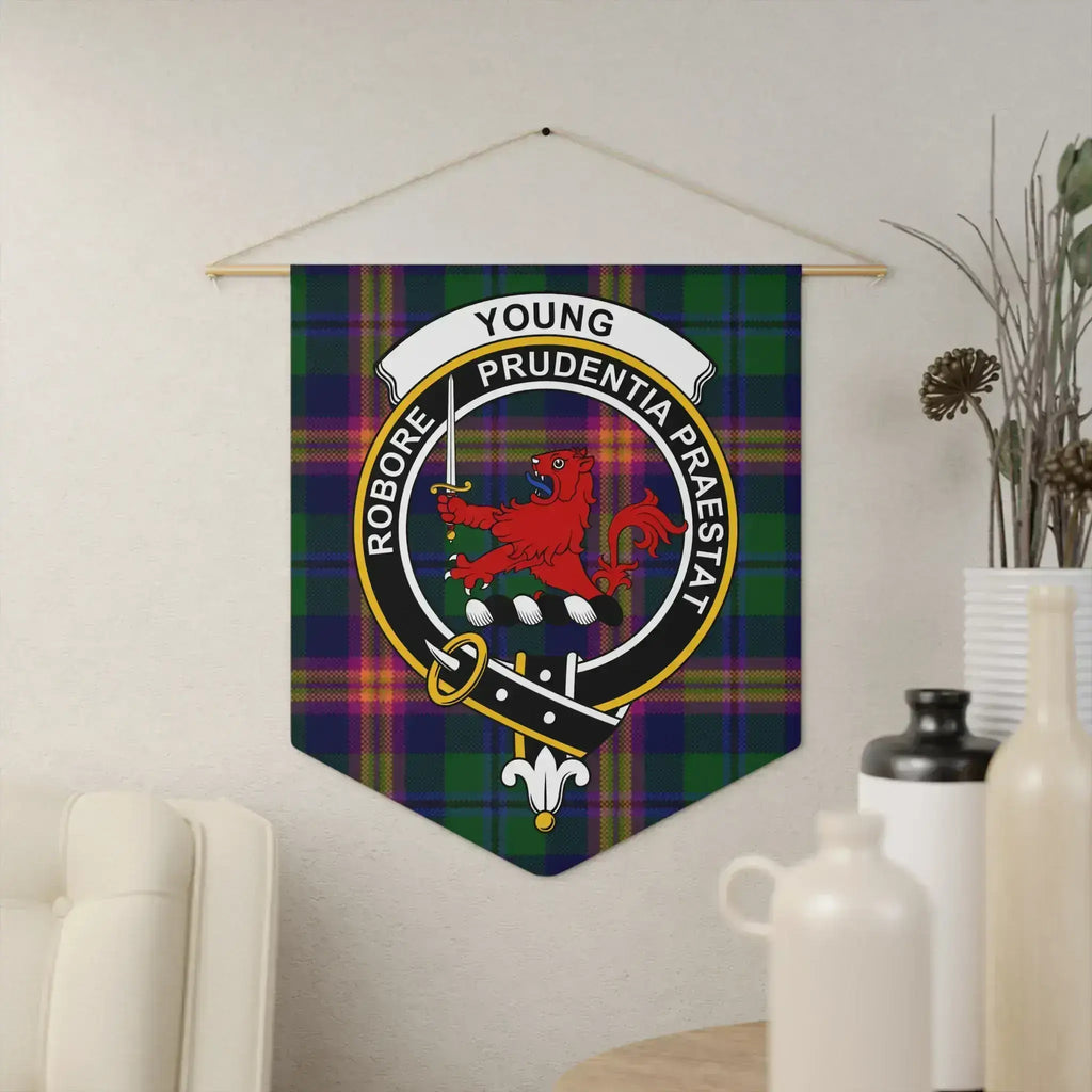 Young clan crest tartan pennant wall hanging with wooden dowel
