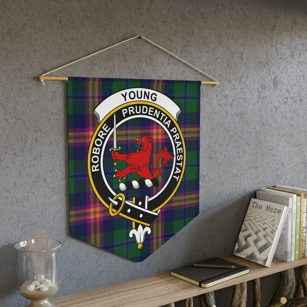 Young tartan decorative pennant displayed on an interior wall