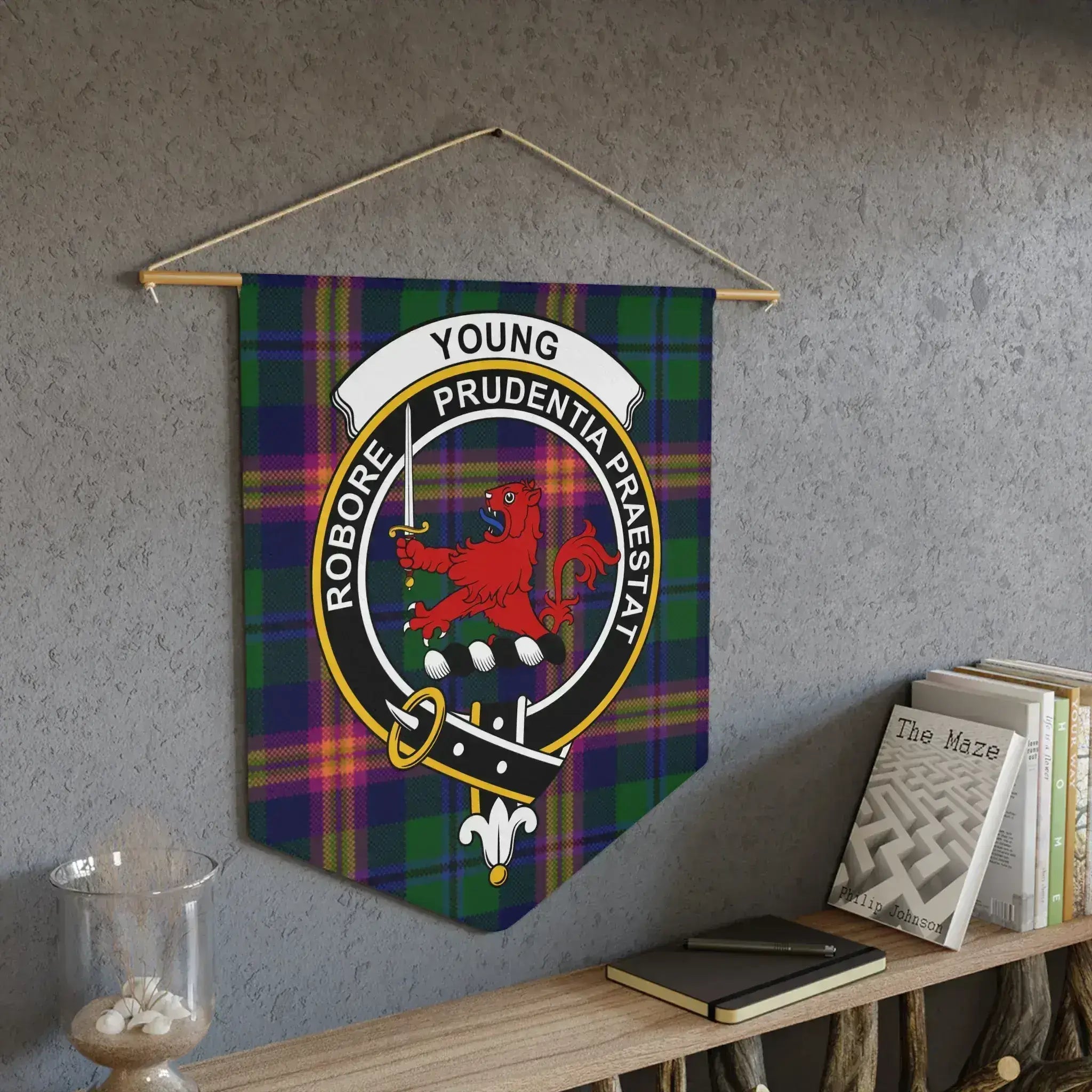 Young tartan decorative pennant displayed on an interior wall
