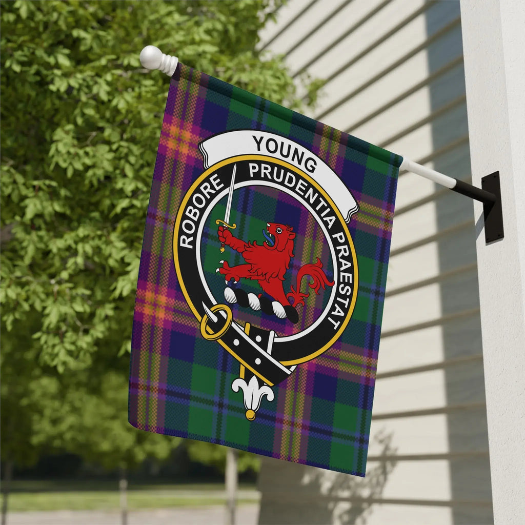 Young clan garden flag with crest on a tartan background, 12 x 18 size