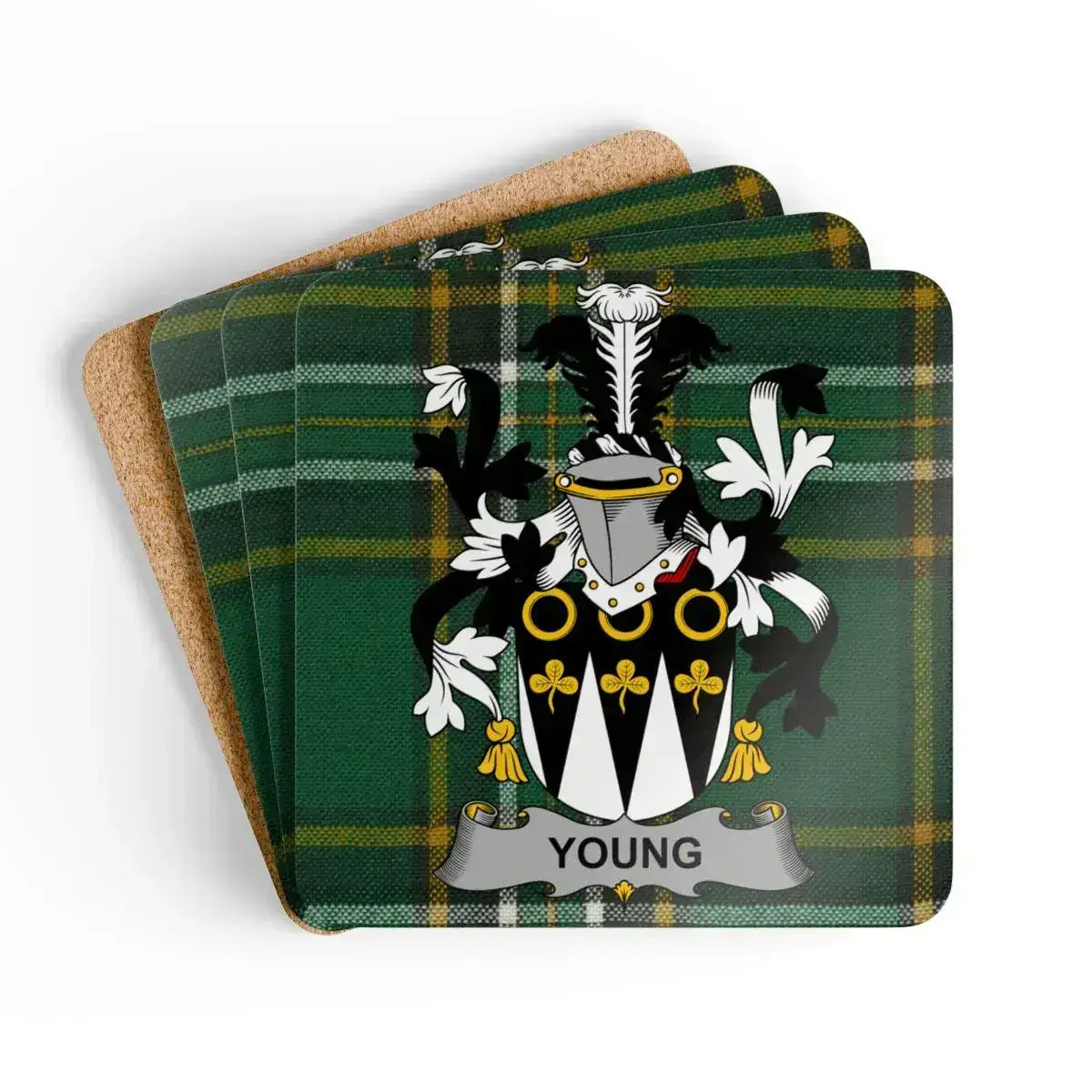 Coat of Arms Family Crest on Plaid Coaster Set product