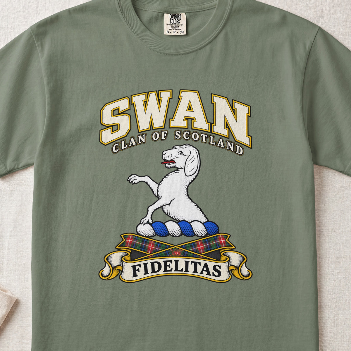 Swan Scottish clan T-shirt in Moss, front view with a white hound with raised forelegs and motto banner.