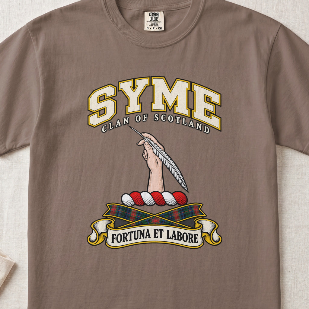 Syme Scottish clan T-shirt in Espresso, front view with a hand holding a feather and motto design.
