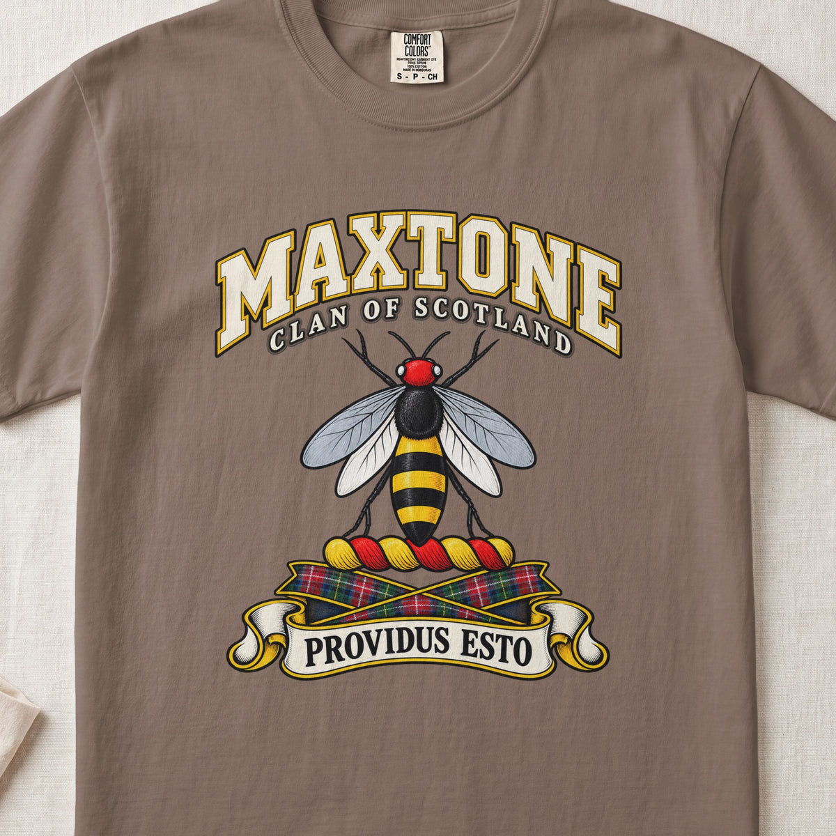 Maxtone Scottish clan T-shirt in Espresso, front view with a black-and-gold bee with silver wings and motto banner.