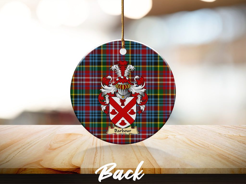 Round Barbour Scottish clan ornament with family crest on a Caledonia tartan background