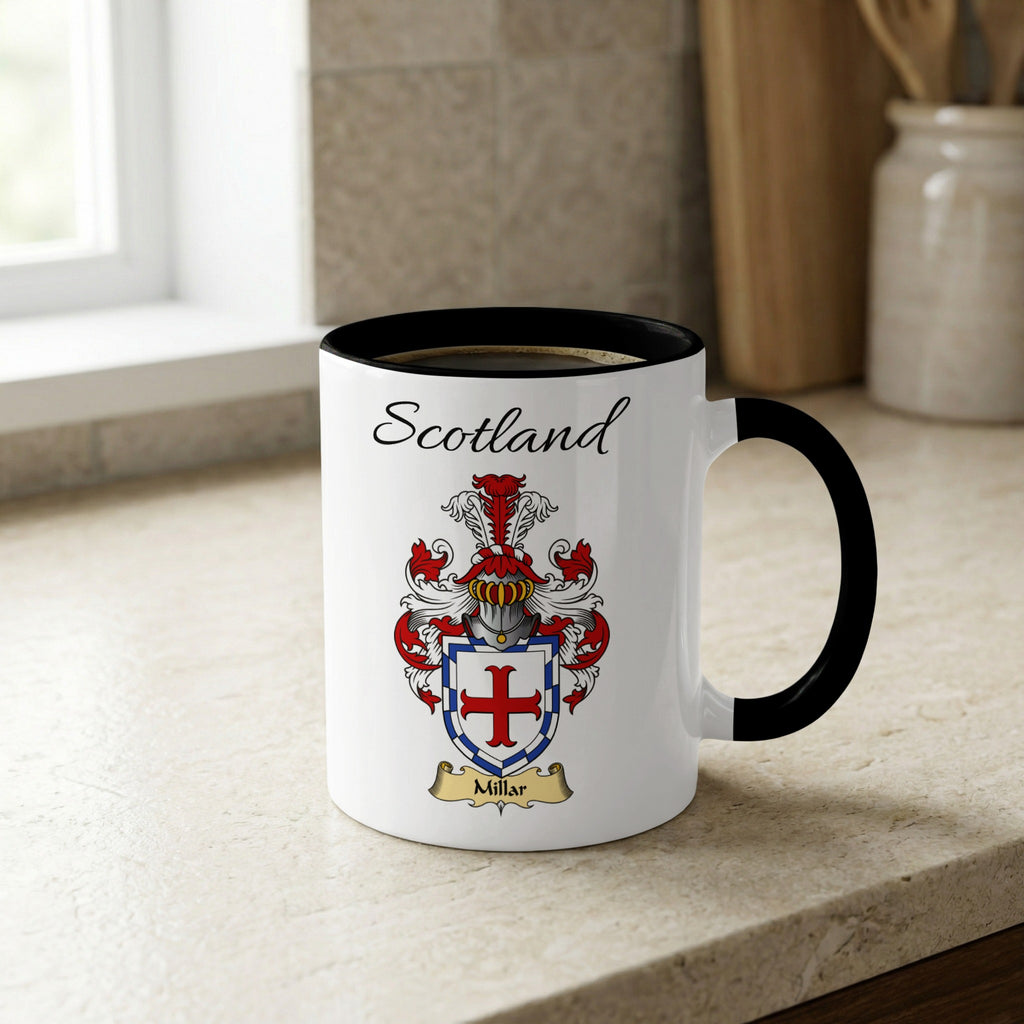 Millar Scottish family crest accent mug with Scotland lettering and coat of arms artwork