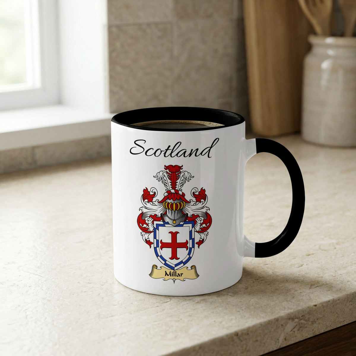 Millar Scottish family crest accent mug with Scotland lettering and coat of arms artwork