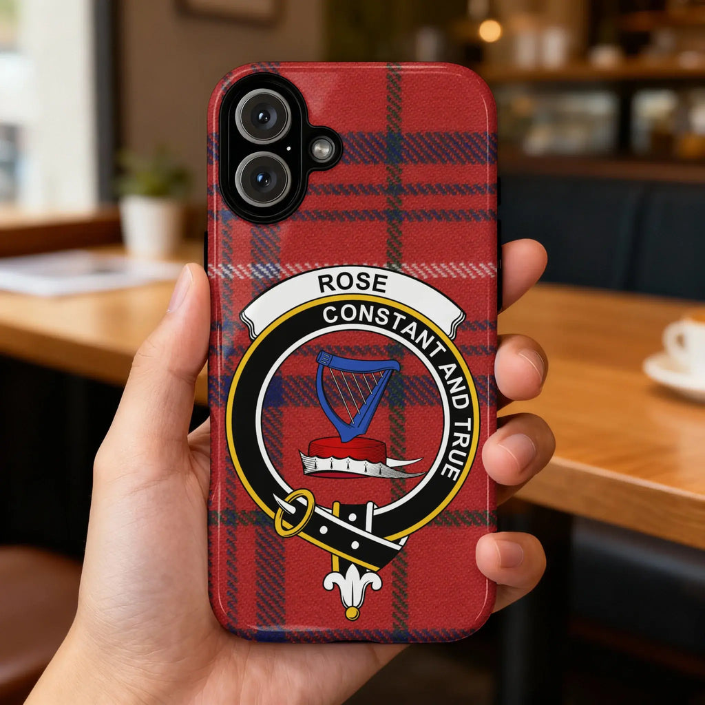 Clan Rose tartan case back view — full red plaid with clan crest design