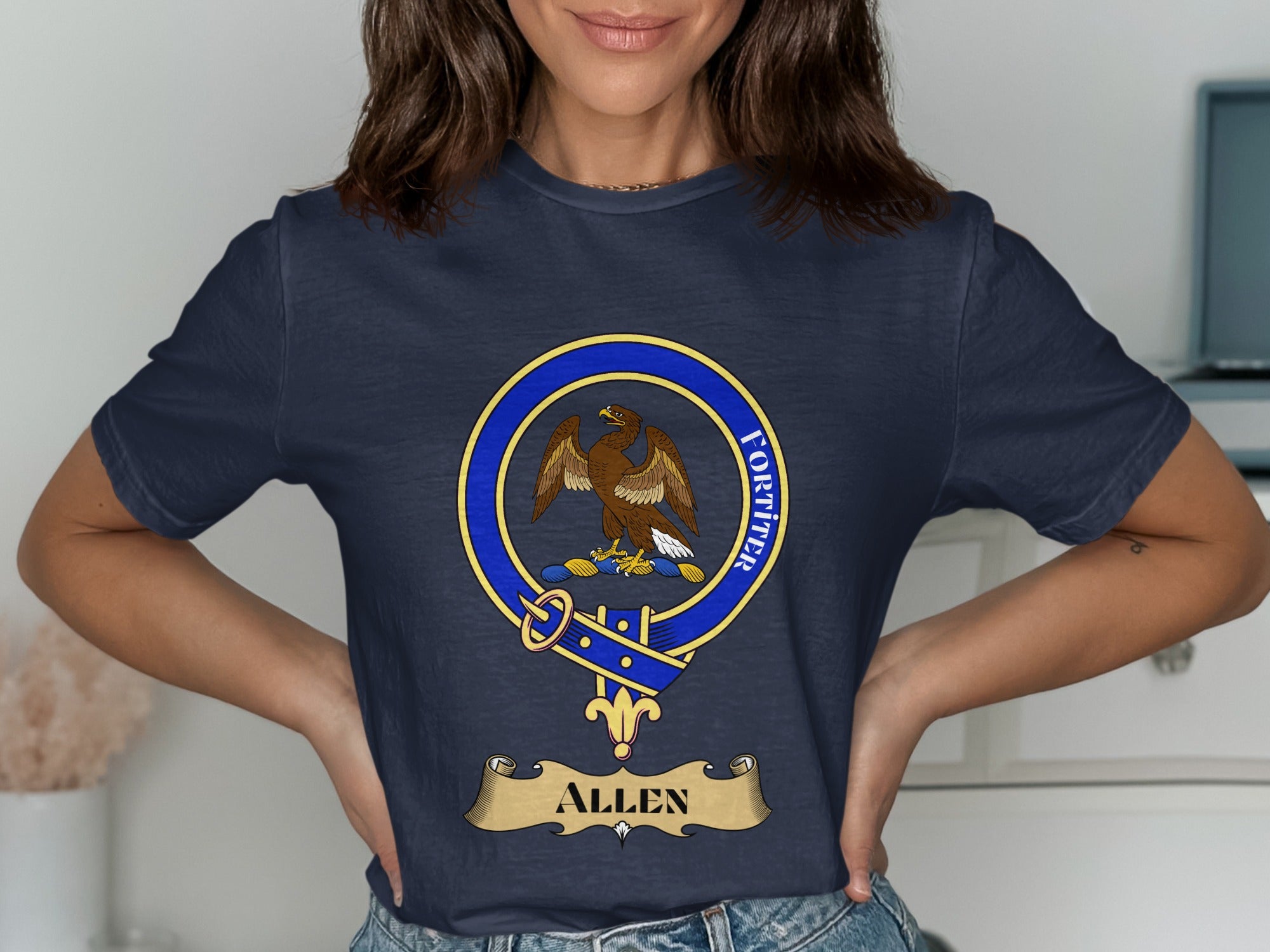 Allen Scottish clan crest design on Navy T-shirt