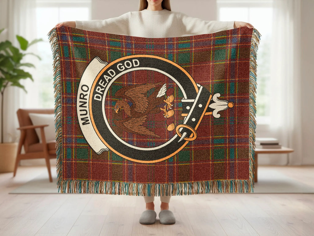 Munro Dread God clan crest plaid tartan woven blanket — cotton throw with fringe edge