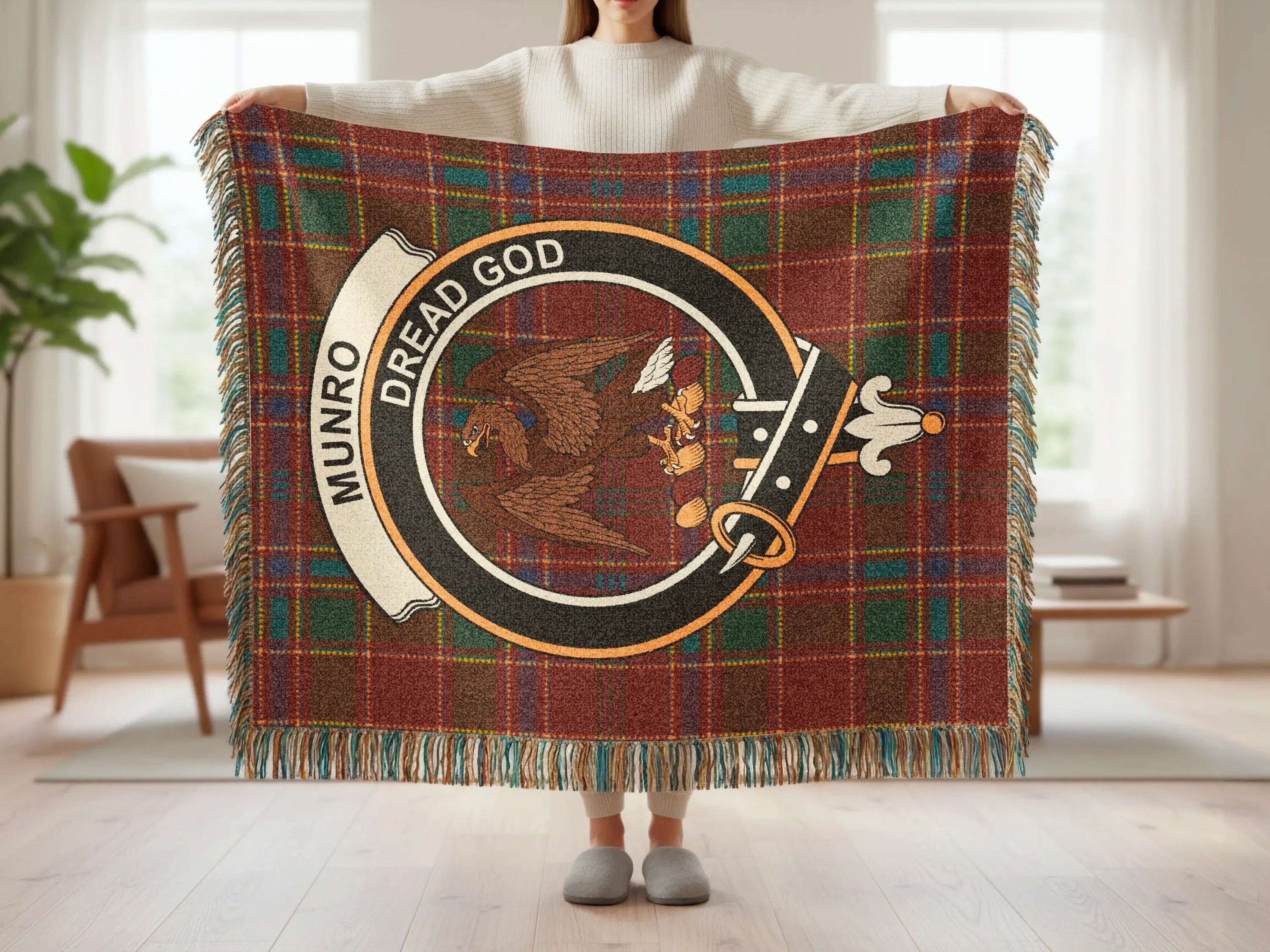 Munro Dread God clan crest plaid tartan woven blanket — cotton throw with fringe edge
