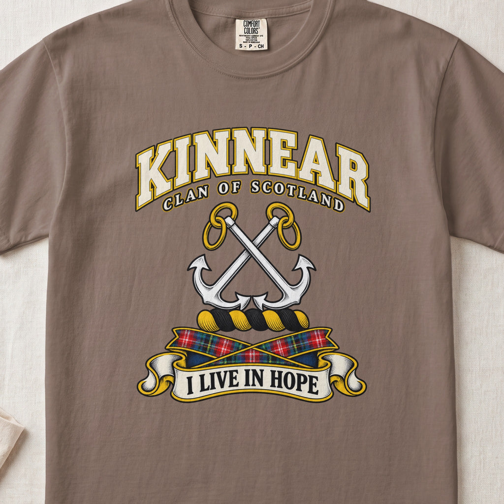 Kinnear Scottish clan T-shirt in Espresso, front view with crossed silver anchors and motto design.