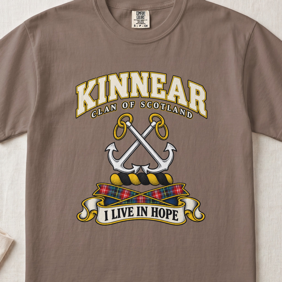 Kinnear Scottish clan T-shirt in Espresso, front view with crossed silver anchors and motto design.