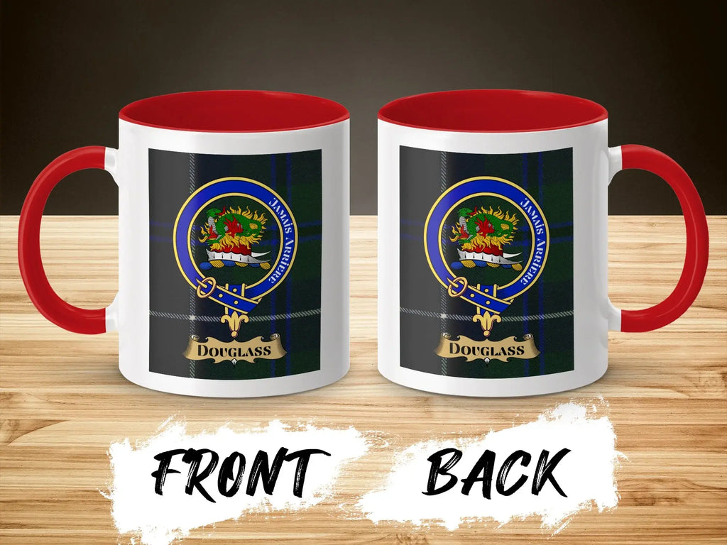 Douglass clan tartan crest design coffee mug — glossy white ceramic with accent handle