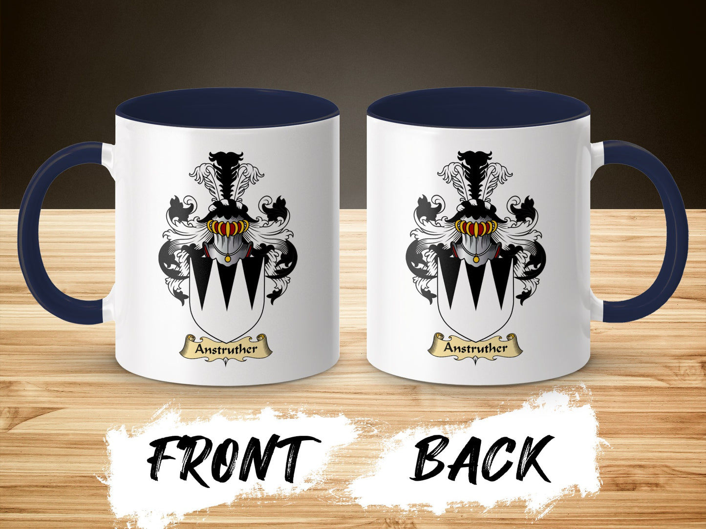 Anstruther coat of arms on white mug with navy blue handle and rim.
