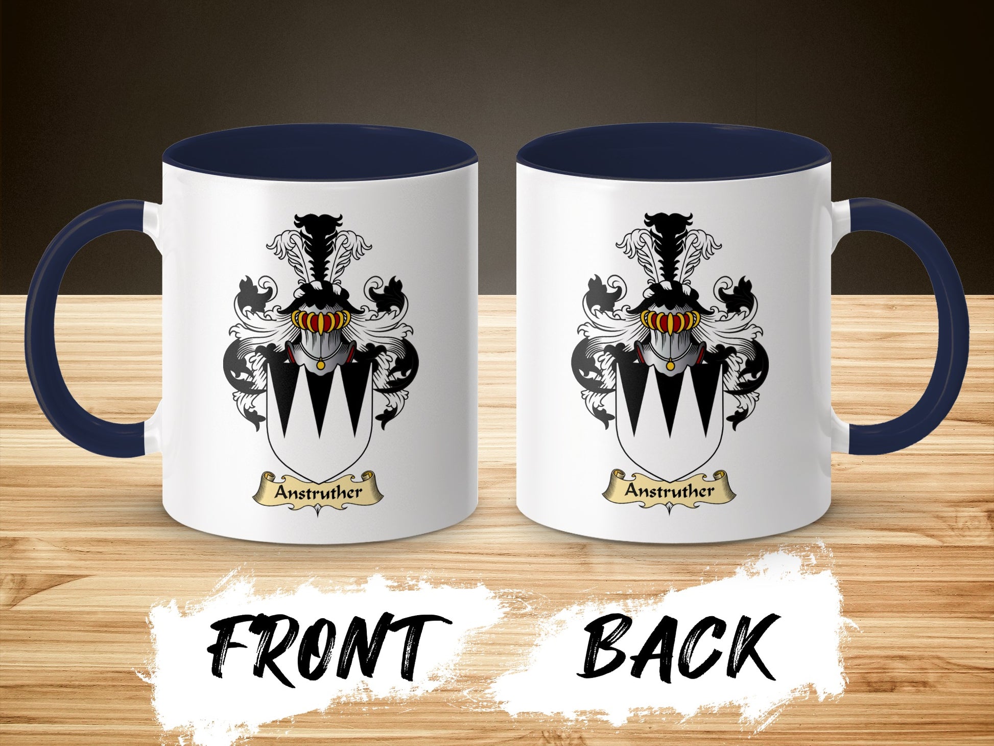 Anstruther coat of arms on white mug with navy blue handle and rim.