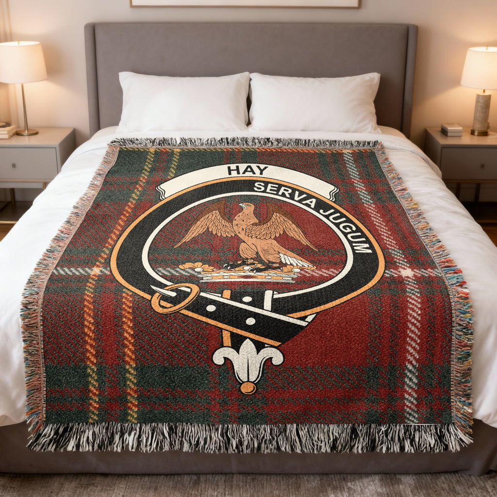 Hay clan crest tartan woven blanket with Serva Jugum motto — 100% cotton