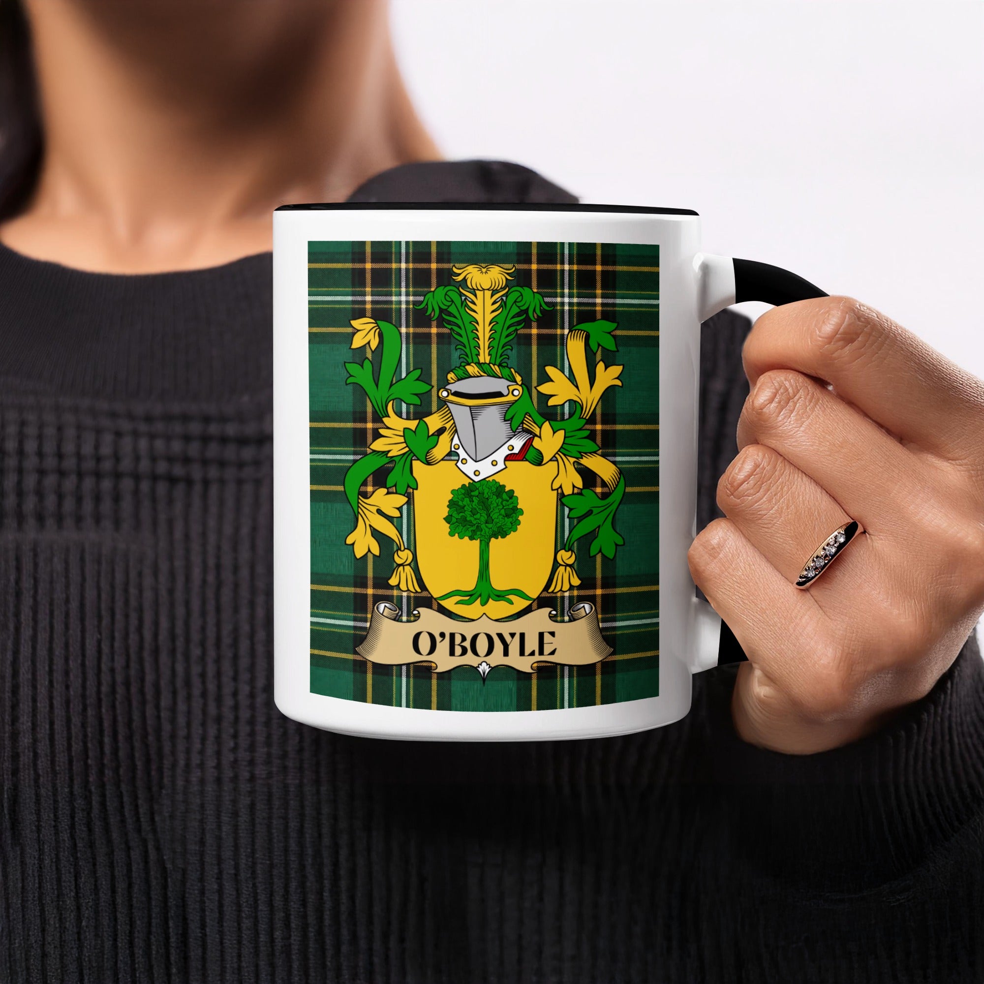 O'Boyle Irish family crest mug on Irish National Tartan background