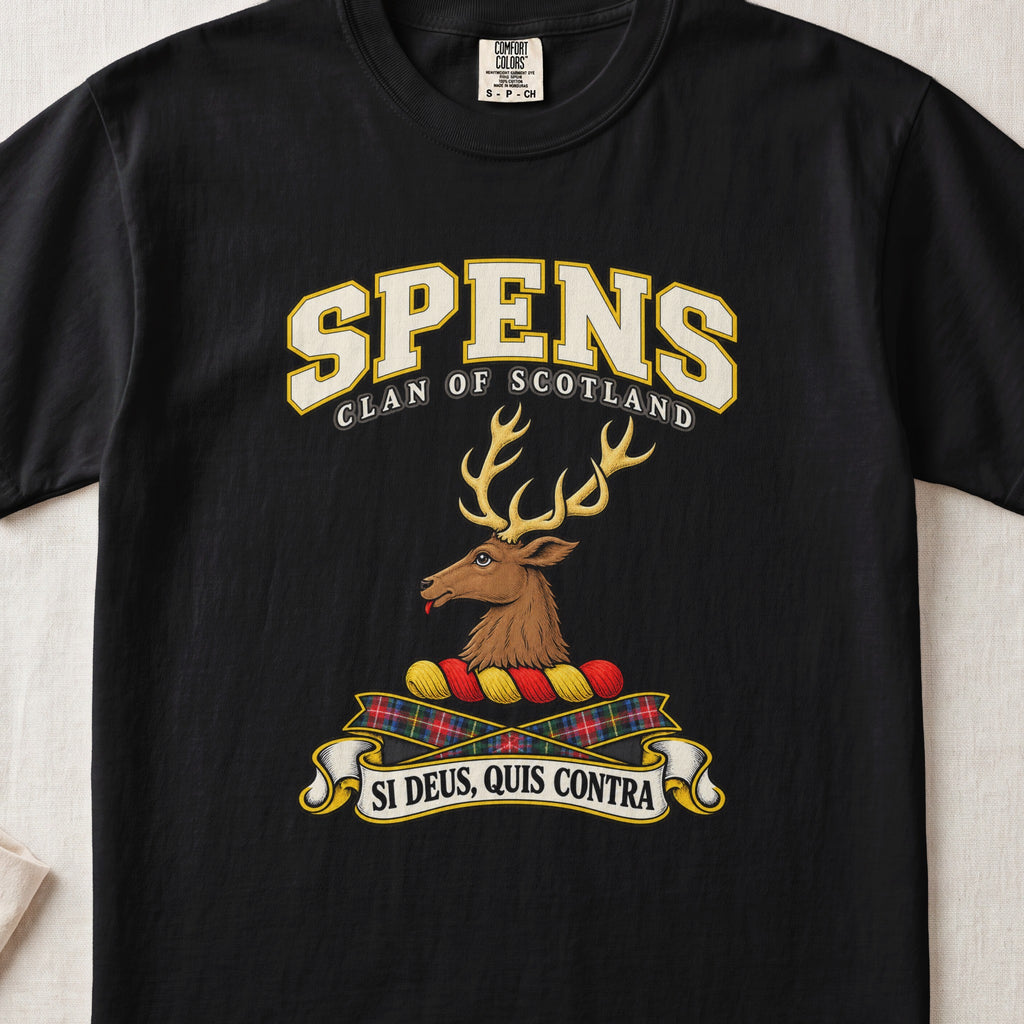 Spens Scottish clan T-shirt in Black, front view with a brown stag head with gold antlers and motto design.