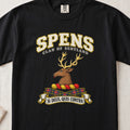 Spens Scottish clan T-shirt in Black, front view with a brown stag head with gold antlers and motto design.
