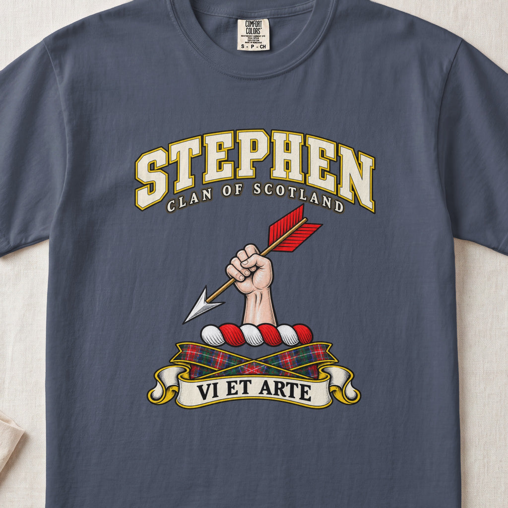 Stephen Scottish clan T-shirt in Midnight, front view with a hand holding an arrow with red feathers and motto design.