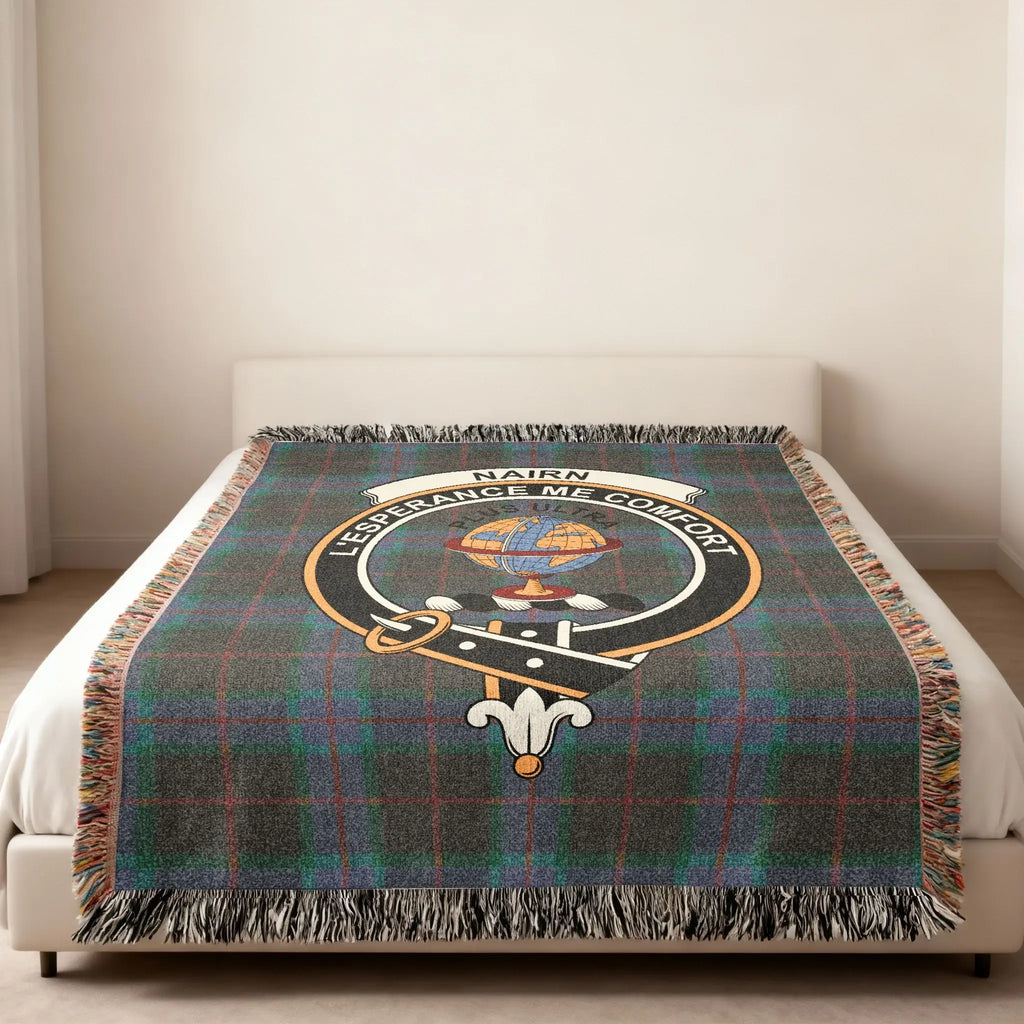 Clan Nairn heirloom woven blanket — tartan and crest woven in, natural cotton feel