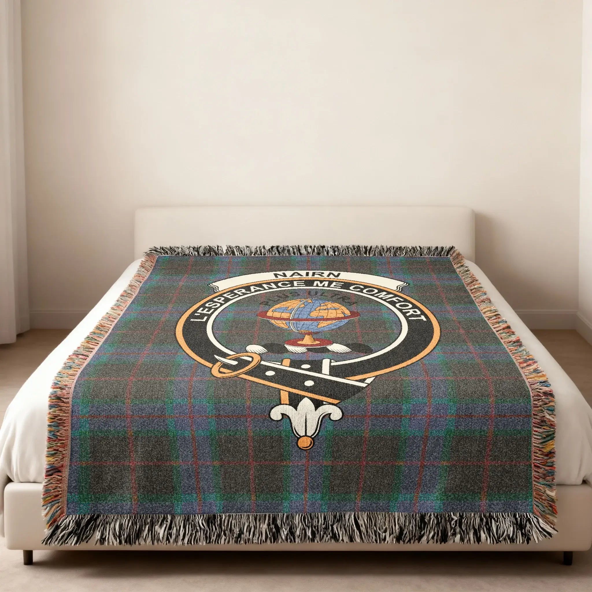 Clan Nairn heirloom woven blanket — tartan and crest woven in, natural cotton feel