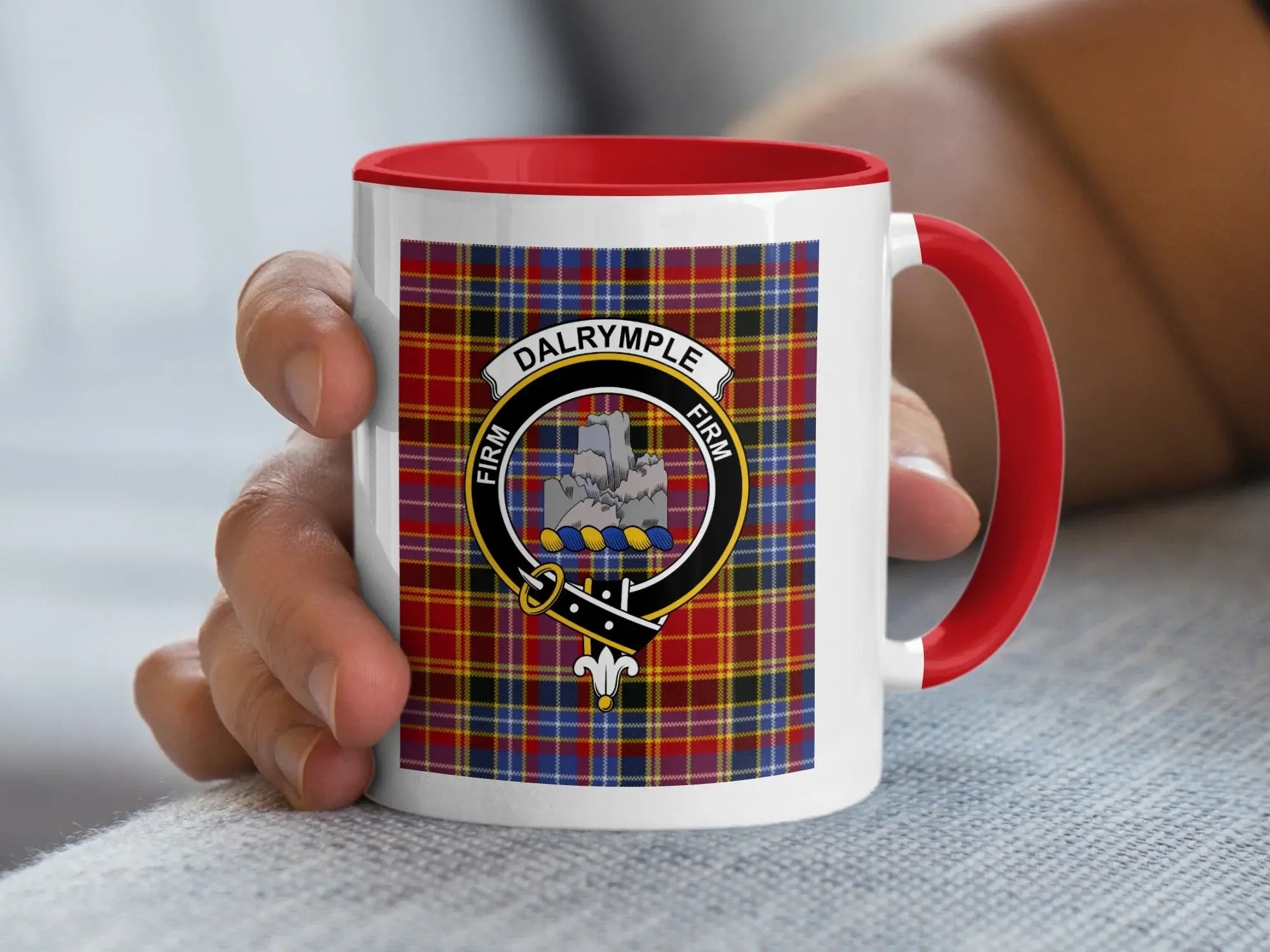 Clan Dalrymple 15oz accent mug — navy handle, Firm motto visible in print