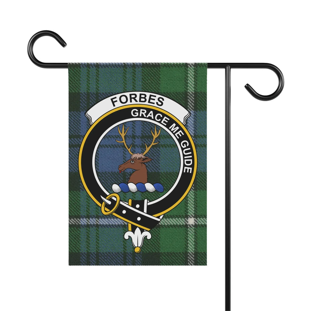 Forbes clan crest garden flag with tartan — Grace Me Guide motto visible, poly poplin-canvas