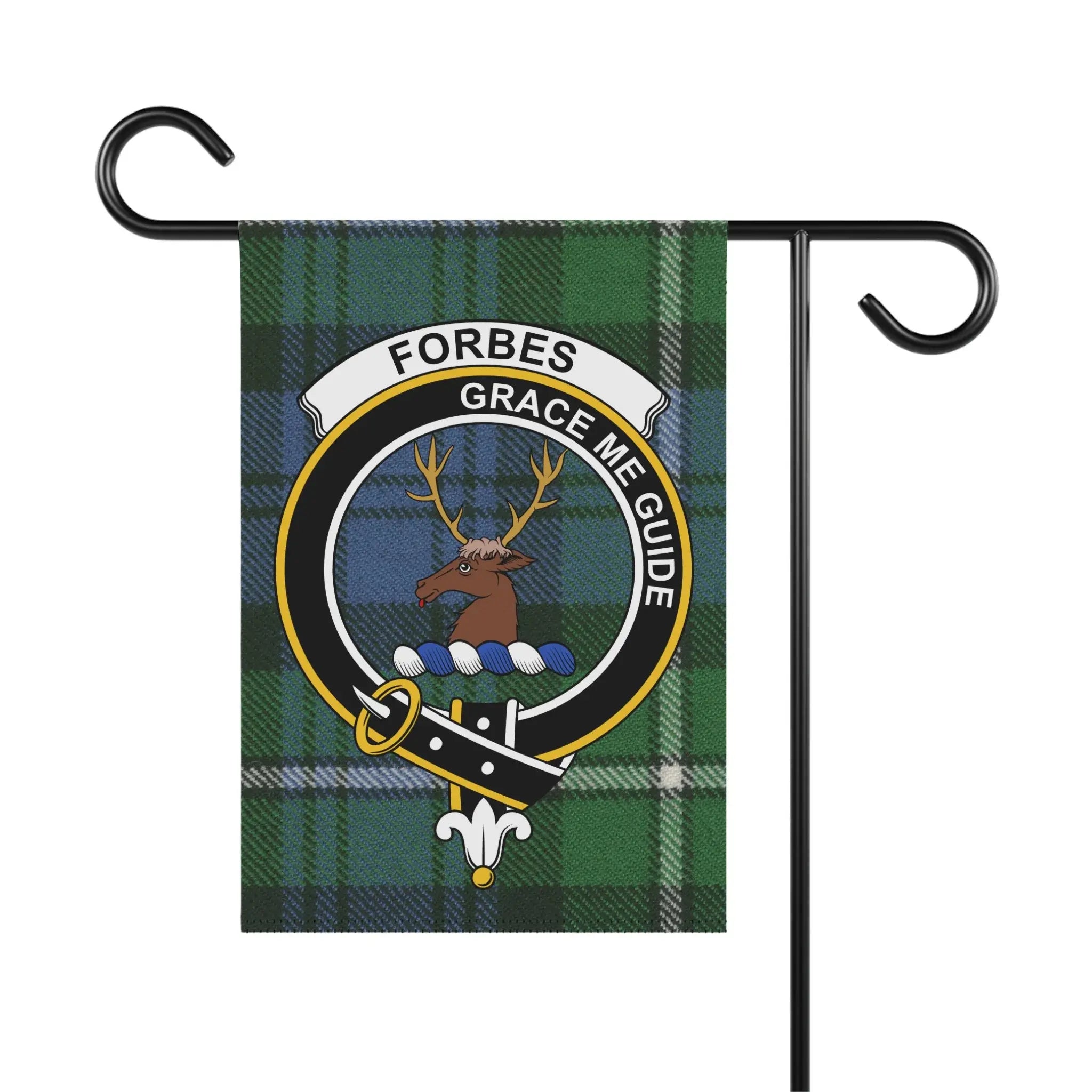 Forbes clan crest garden flag with tartan — Grace Me Guide motto visible, poly poplin-canvas