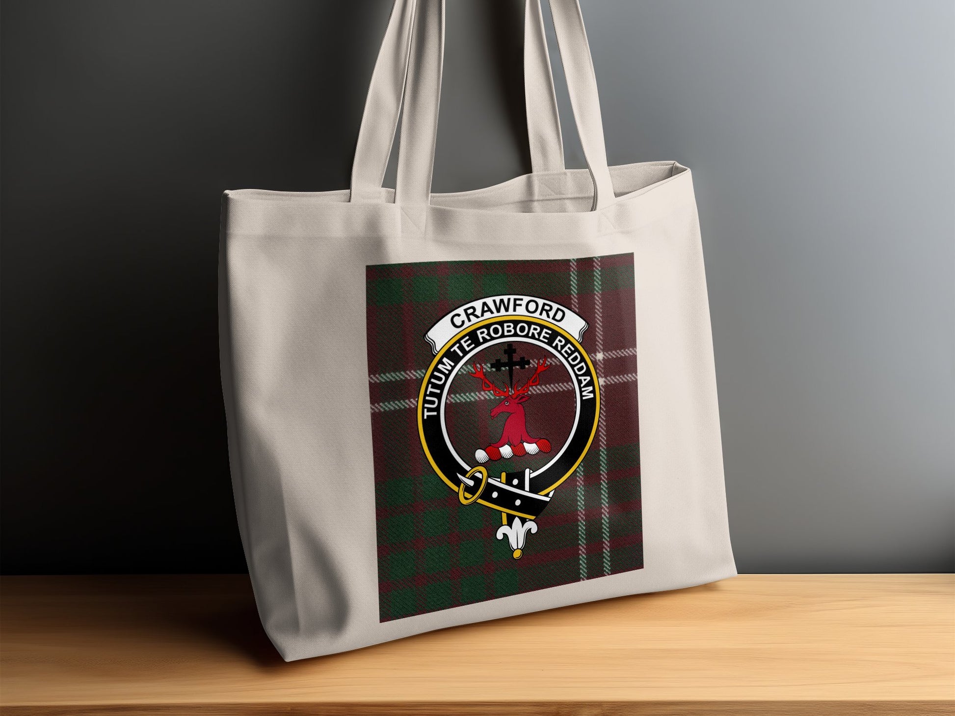 Crawford Clan Crest Tartan Background Tote Bag - Living Stone Gifts