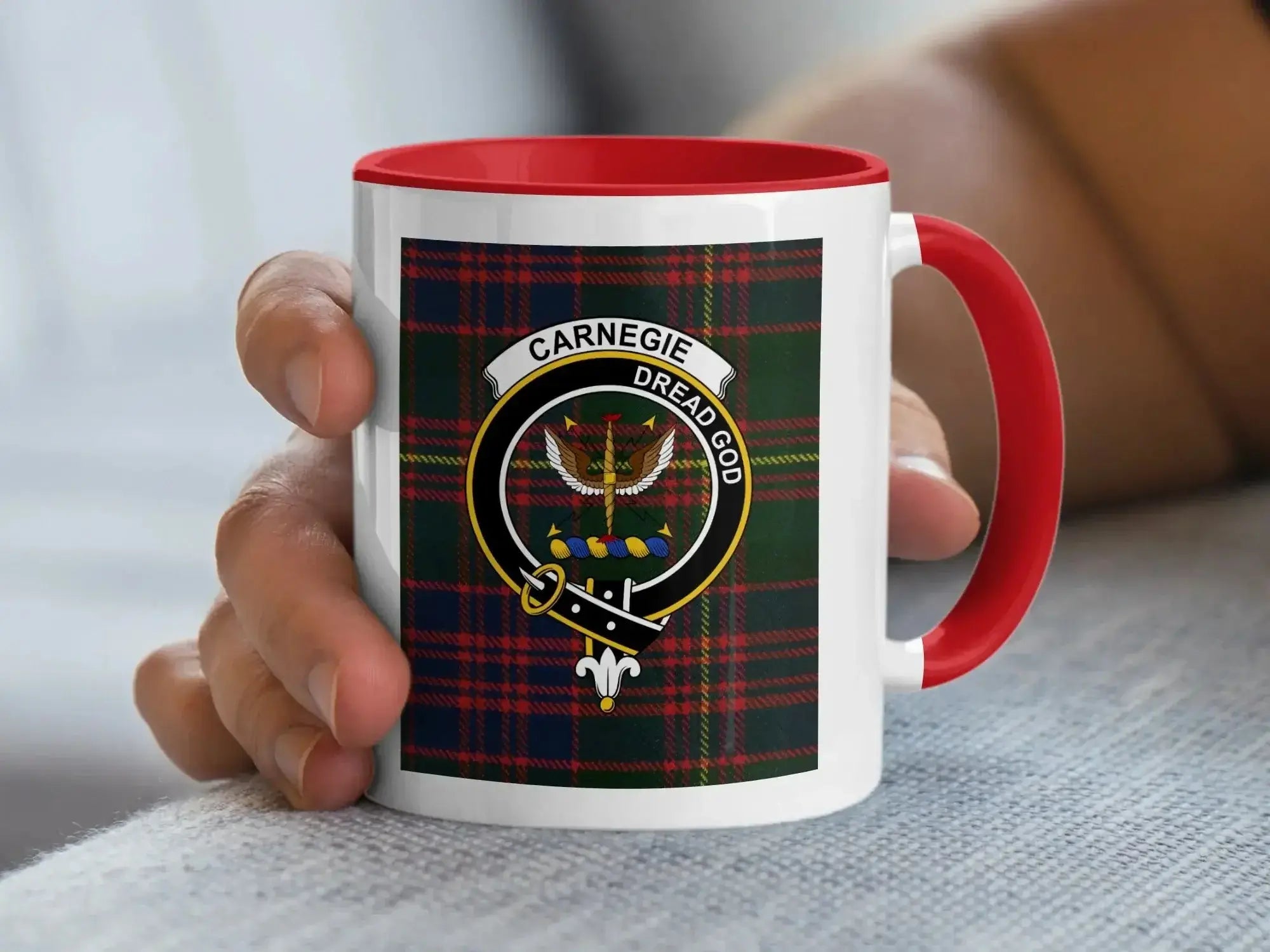 Carnegie clan tartan accent mug — navy handle, glossy ceramic 11 oz