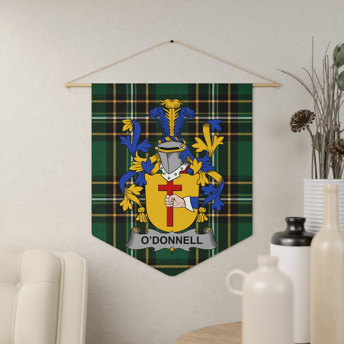 O'DONNELL family crest on a green plaid pennant banner.
