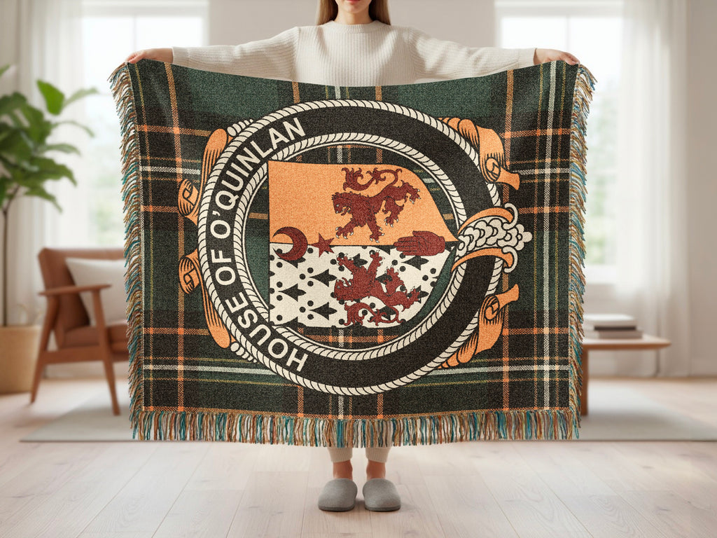 O'Quinlan surname blanket showing Irish National Tartan woven design