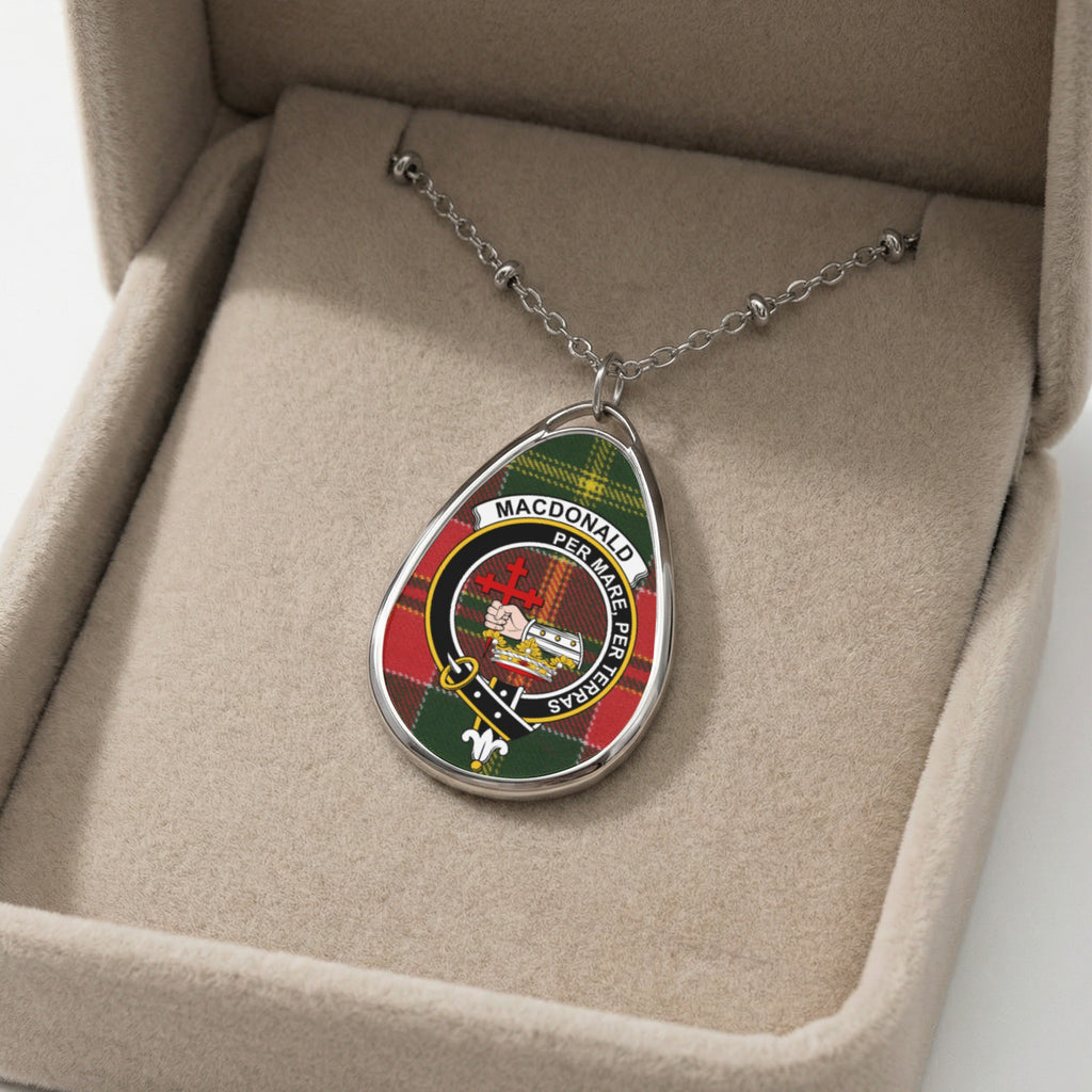 Macdonald tartan oval pendant necklace with Latin motto in presentation box.