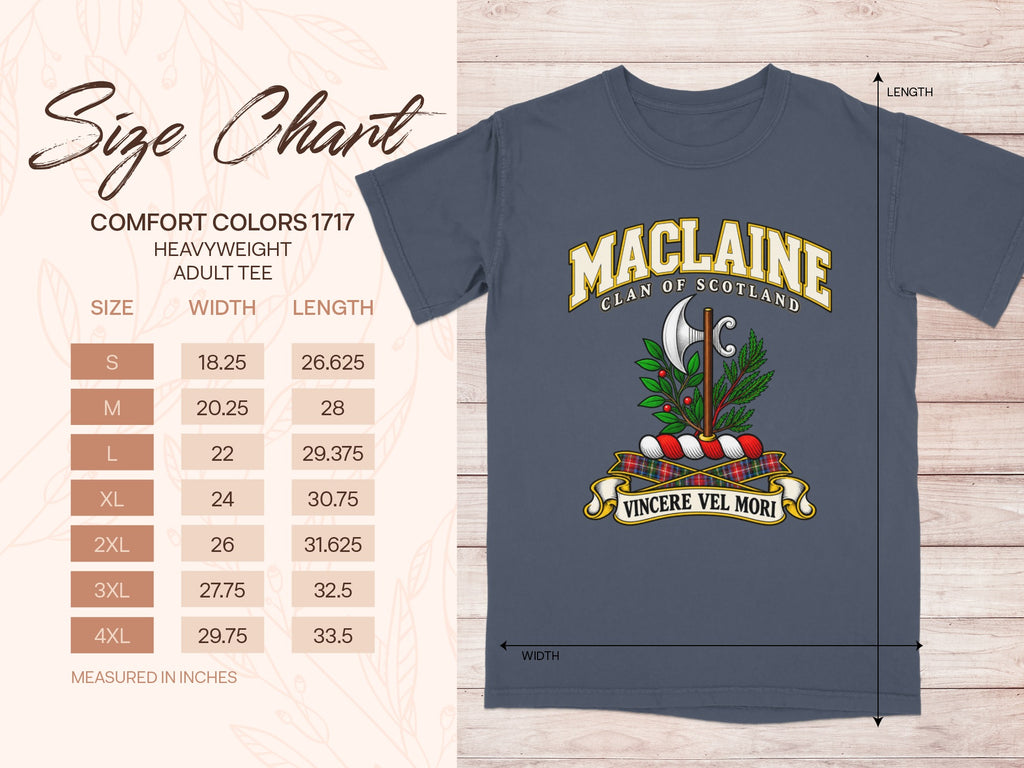 Comfort Colors 1717 size chart for the MacLaine Scottish clan T-shirt, adult sizes S–4XL.
