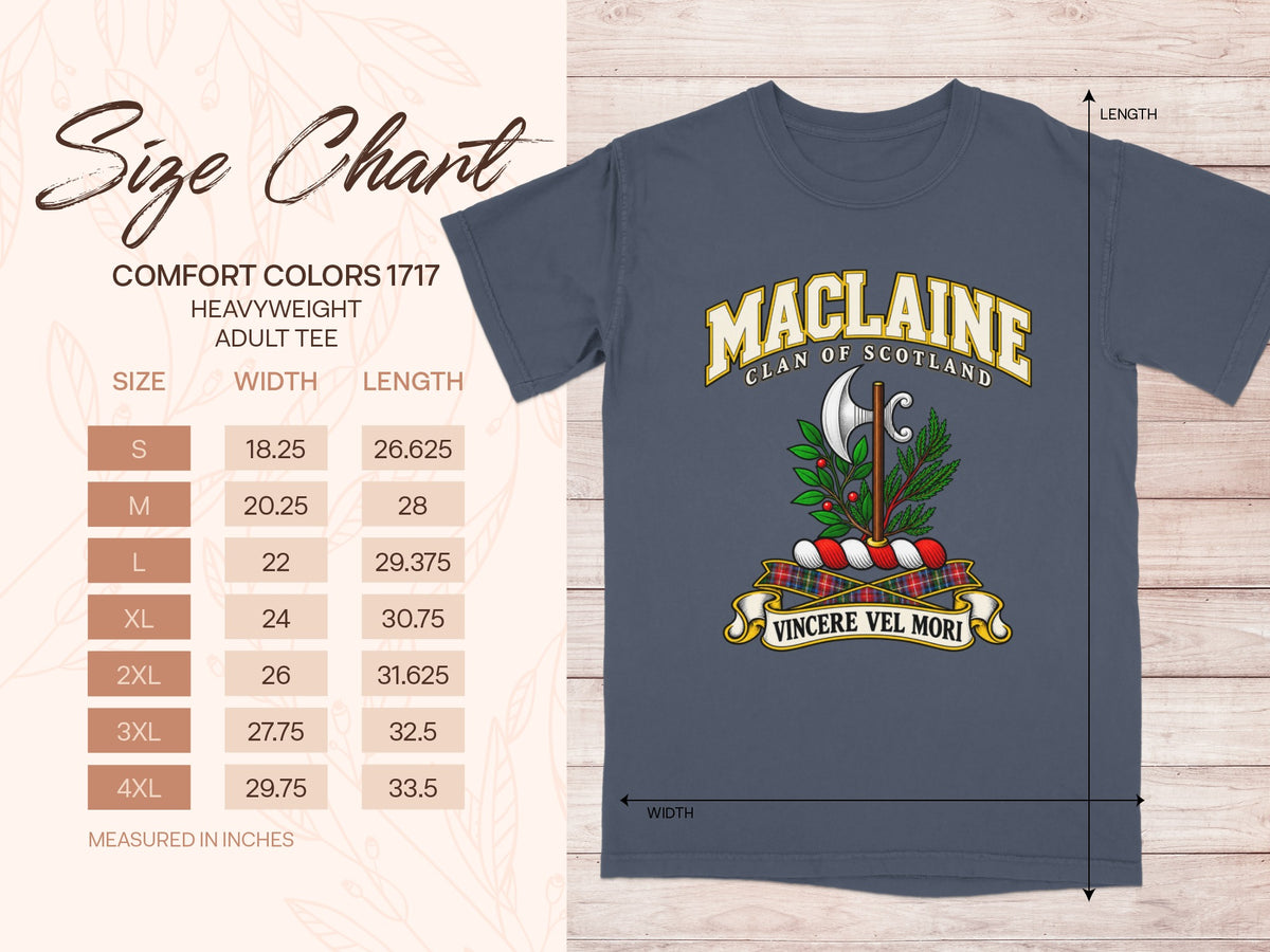 Comfort Colors 1717 size chart for the MacLaine Scottish clan T-shirt, adult sizes S–4XL.