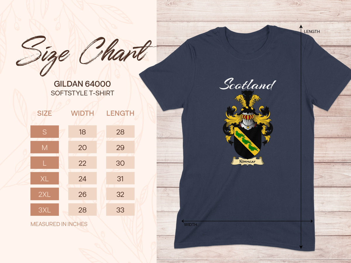 Gildan 64000 size chart for the Kinnear unisex T-shirt, sizes S to 3XL