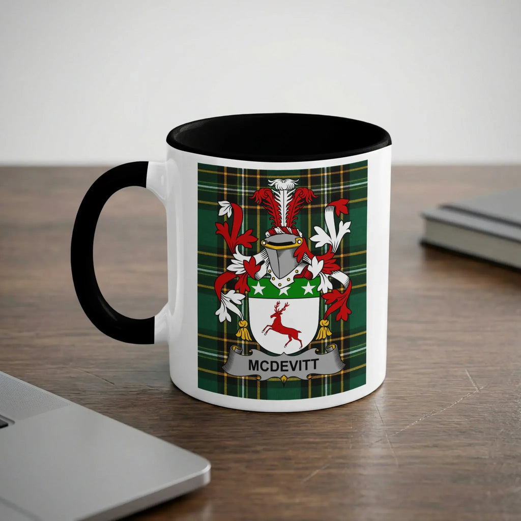McDevitt Irish heritage mug with black handle and family crest