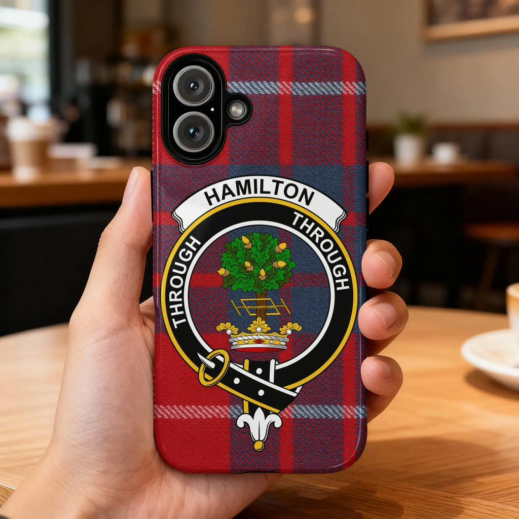 Hamilton clan crest tartan phone case — edge-to-edge plaid design with Through motto
