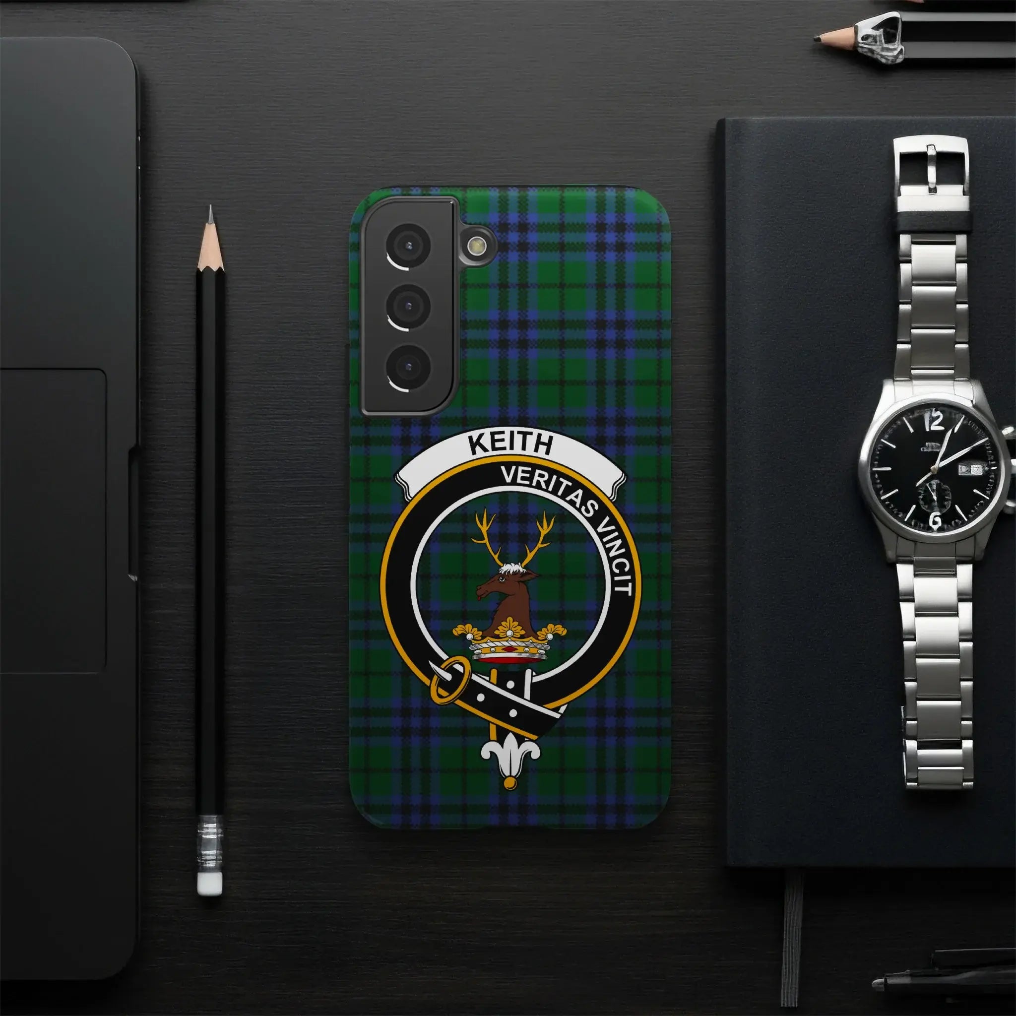 Keith Veritas Vincit family crest phone case — slim profile, precise port cutouts