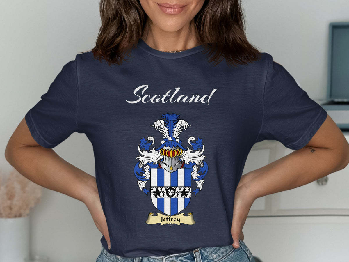 Jeffrey Scottish family shield design on Navy T-shirt